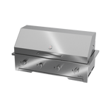 A built-in stainless steel gas braai with a closed sliding door and visible control knobs.