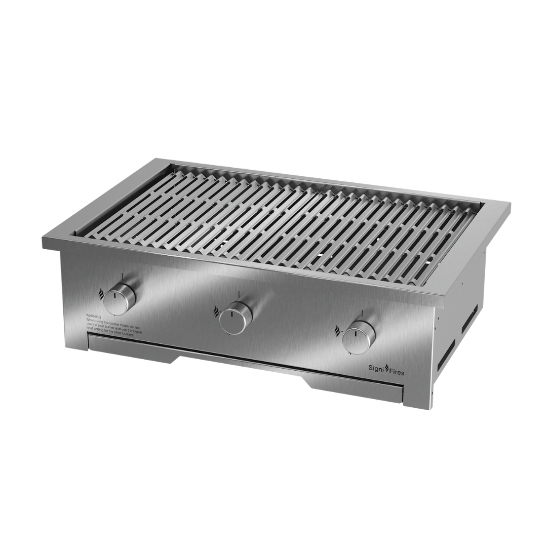 A built-in stainless steel gas braai with closed lid, displayed against a white background.
