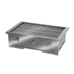 A built-in stainless steel gas braai with closed lid, displayed against a white background.
