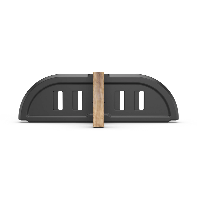 Black bike rack with a wooden strap on a white background