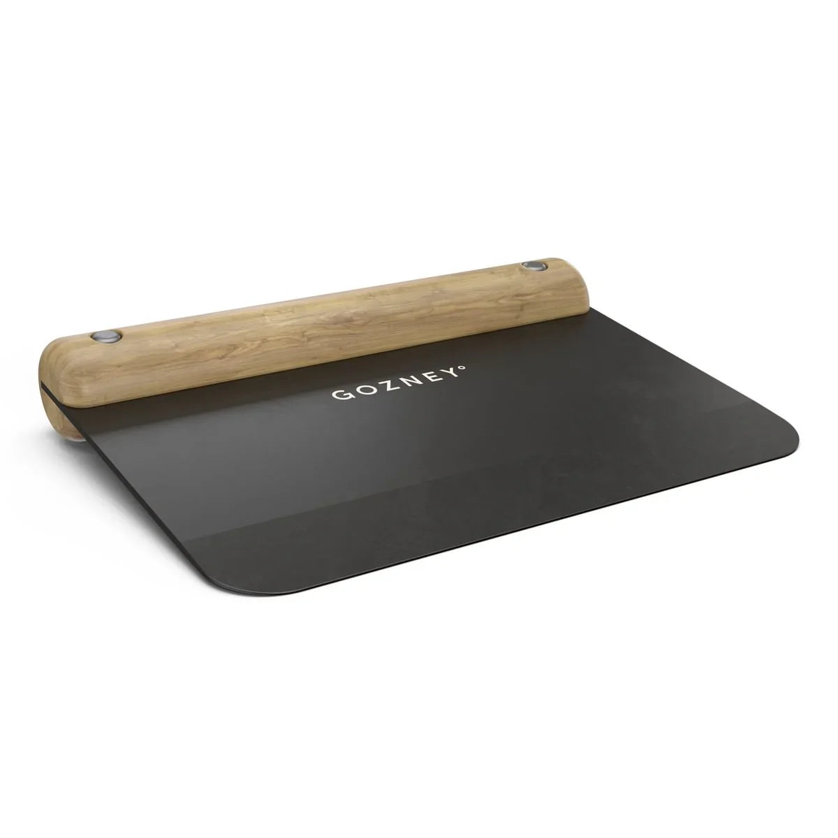 Black baking stone with wooden handle on a white background, featuring the Gozney brand.