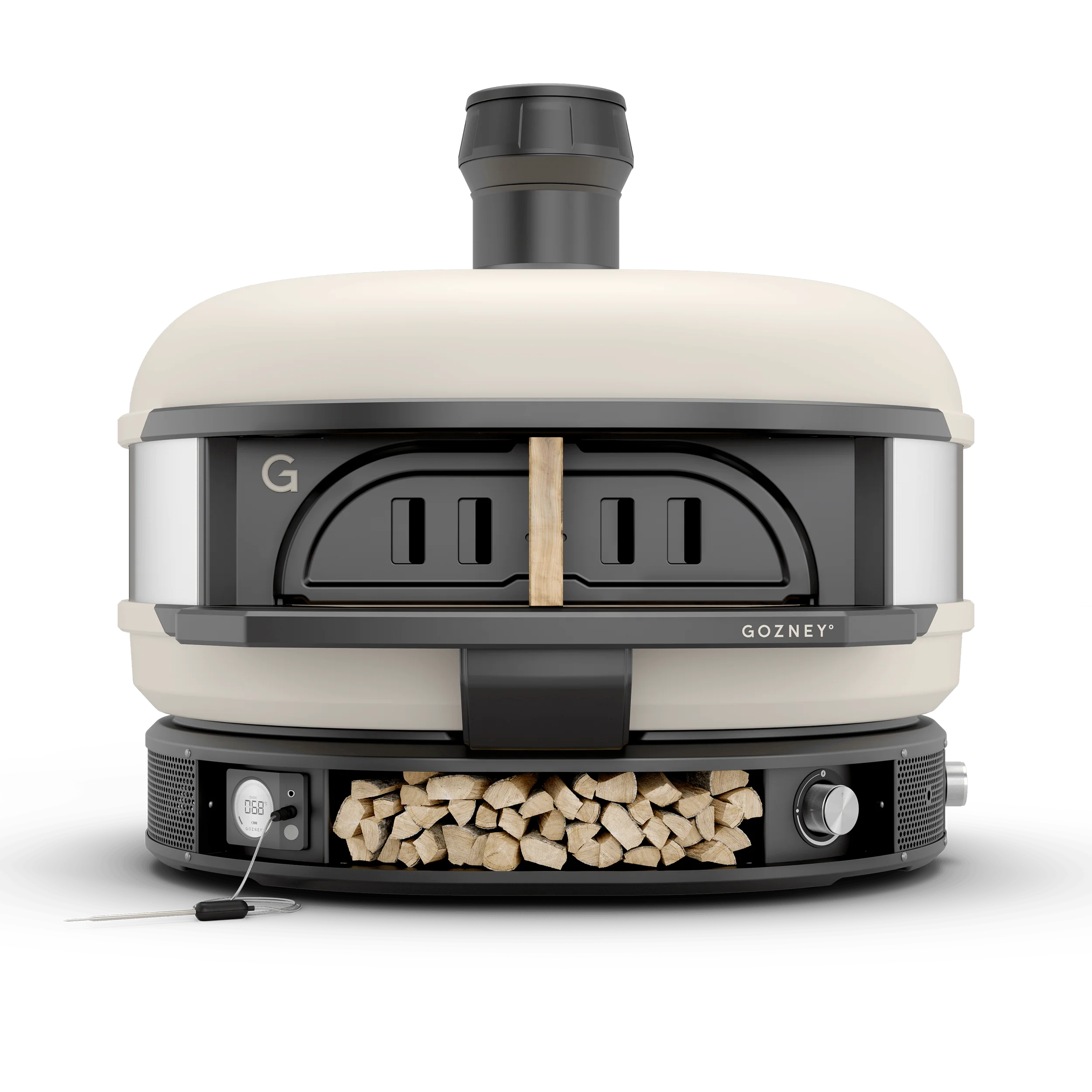 Gozney oven with wood storage on a white background