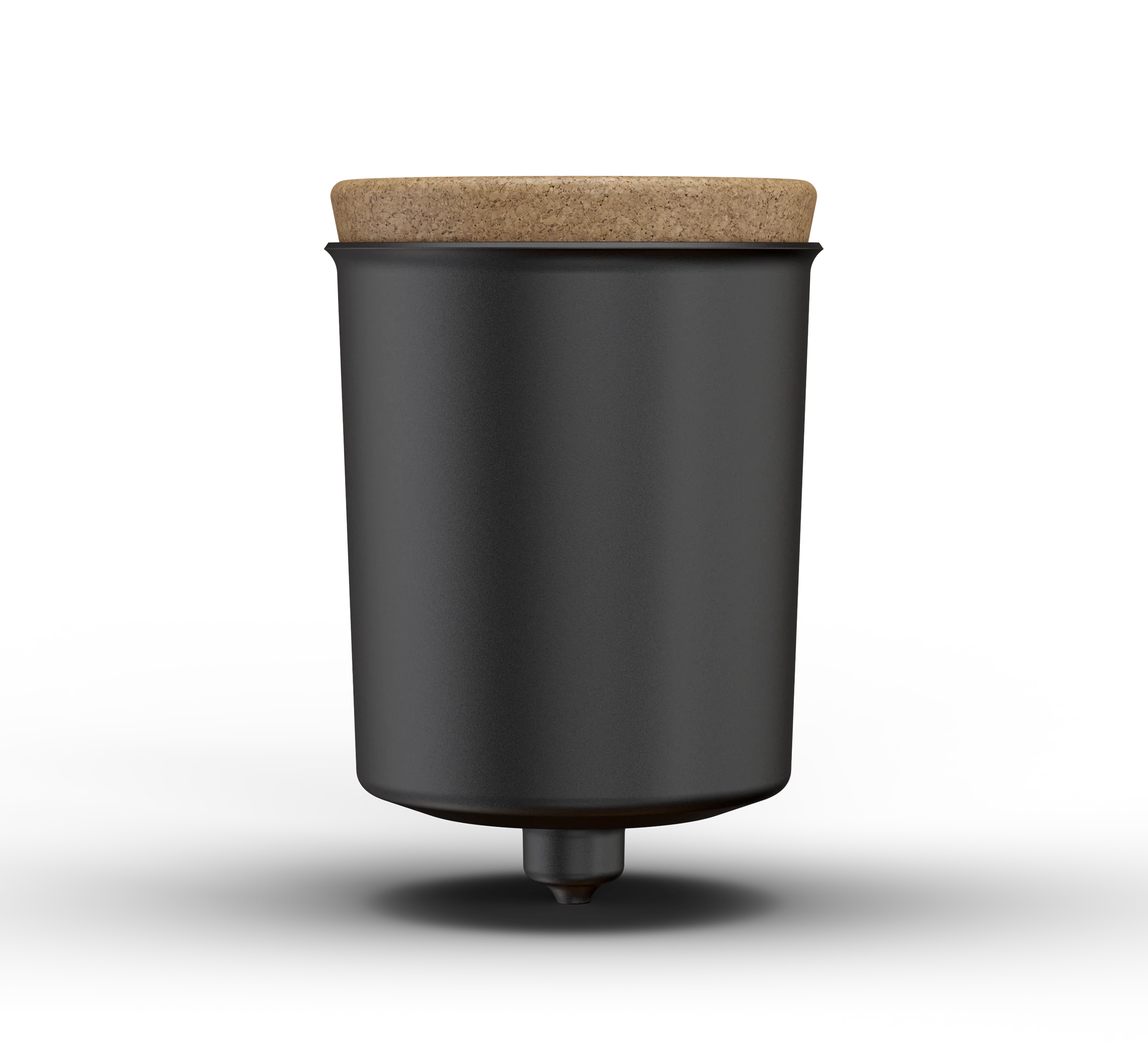 Black cylindrical container with a cork lid on a white background