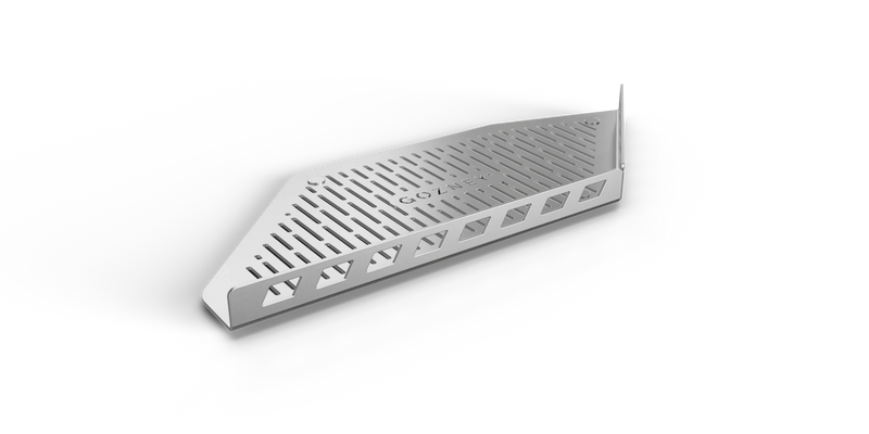 Metallic shelf with a grid pattern on a white background