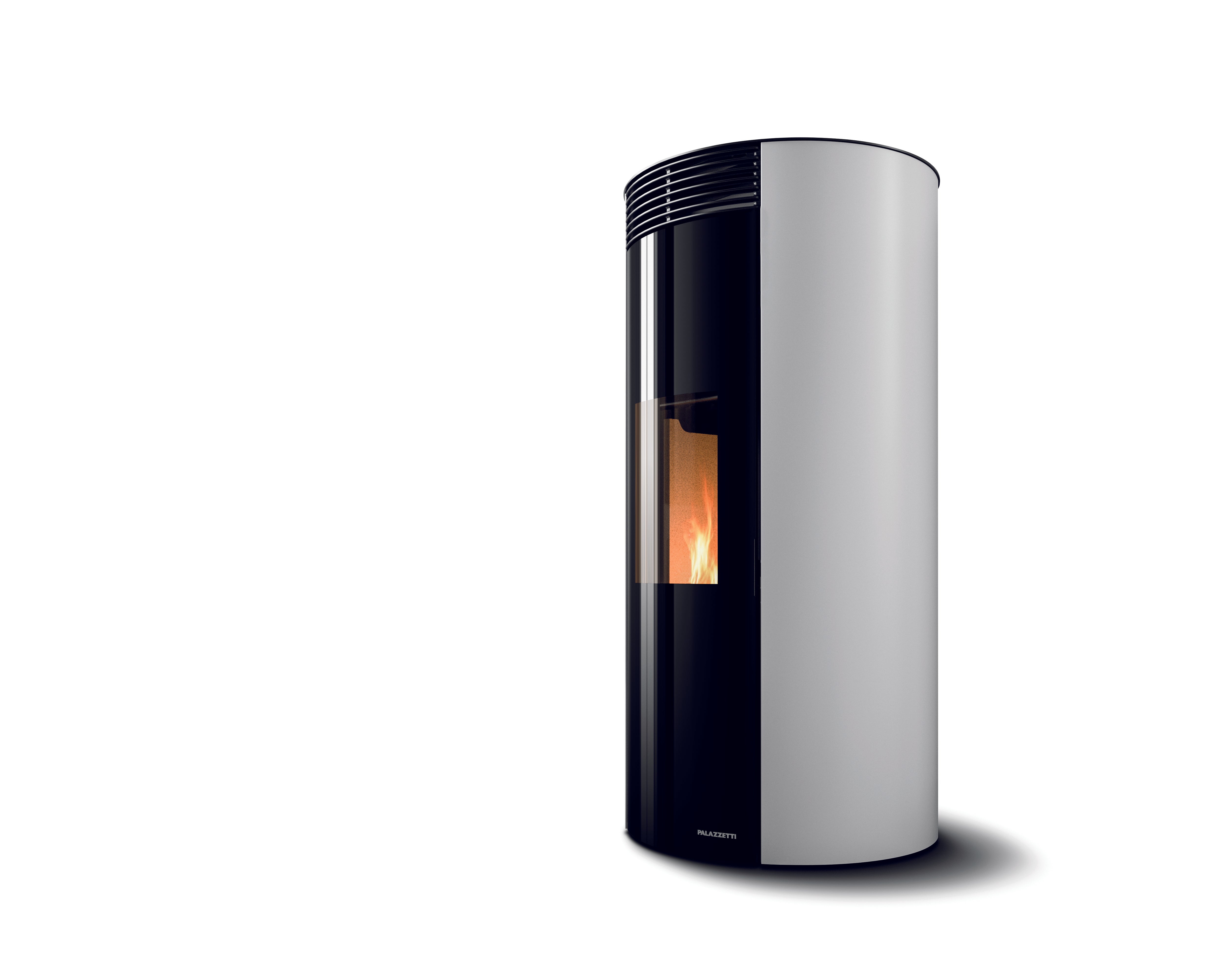 White and black cylindrical stove with visible flame on a white background