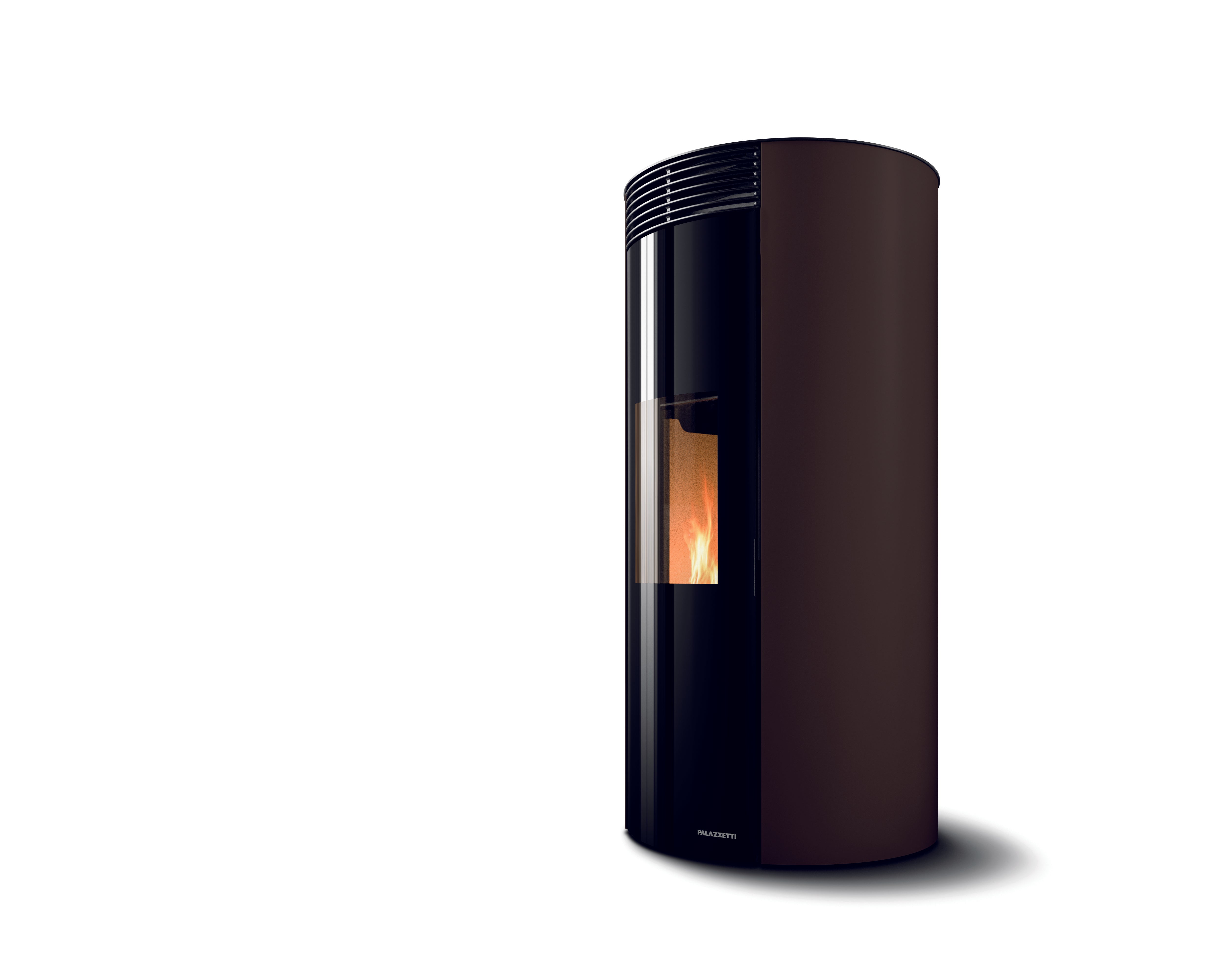 Black cylindrical fireplace with visible flame on a white background