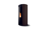 Black cylindrical fireplace with visible flame on a white background
