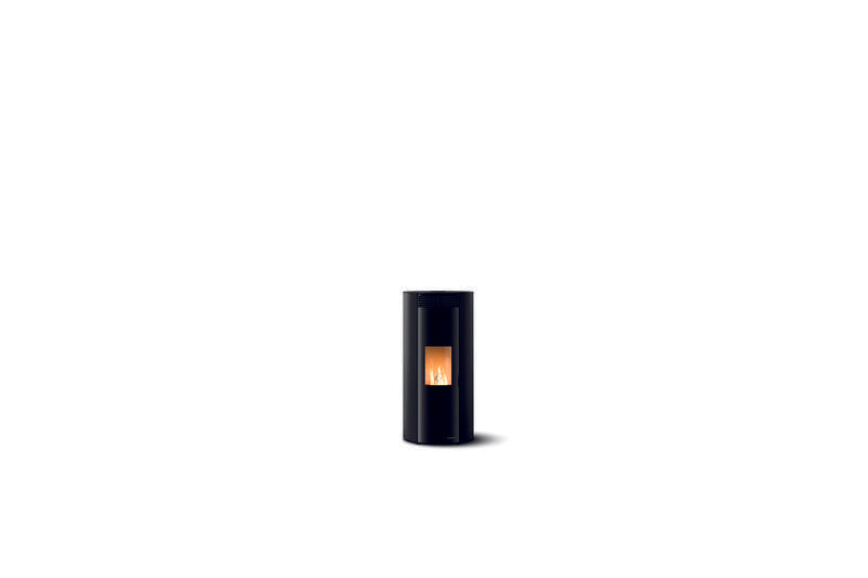 Black portable stove with visible flame on a white background