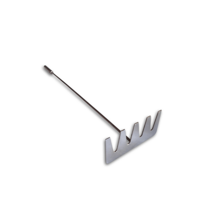 A silver stainless steel coal rake with a long handle and a curved head.