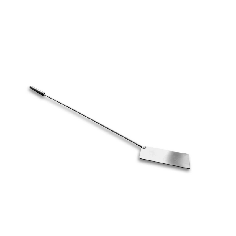 A stainless steel poker with a flat scraper, with a long handle and a flat scraping surface.