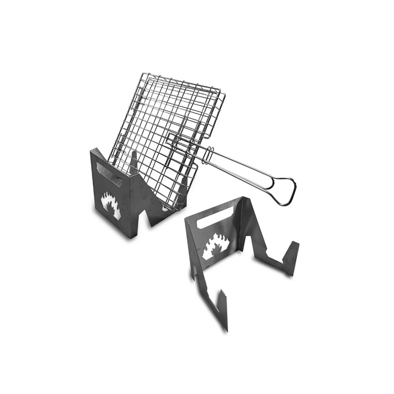 A stainless steel fireplace rib stand with a logo on the side, featuring a metal rod and a set of bellows attached.