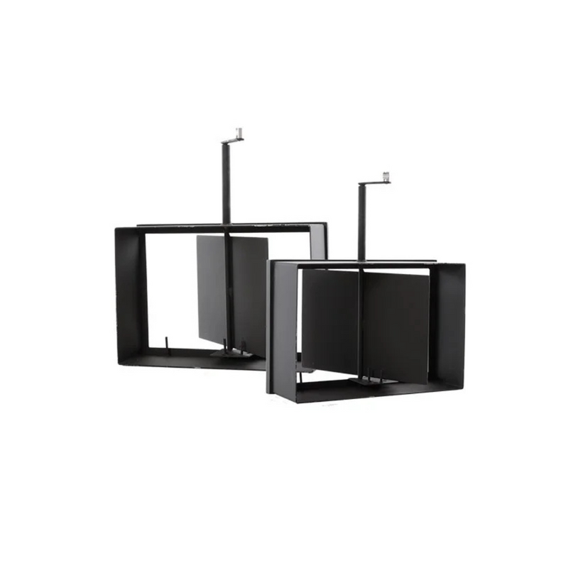 Two black fireplace dampers with a modern design, featuring a metal rod and a fabric cover.