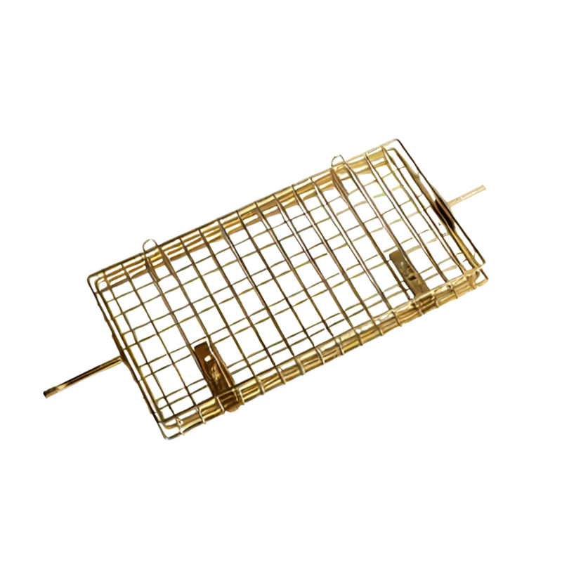 Gold-colored metal roasting basket with a grid-like pattern and two metal rods.
