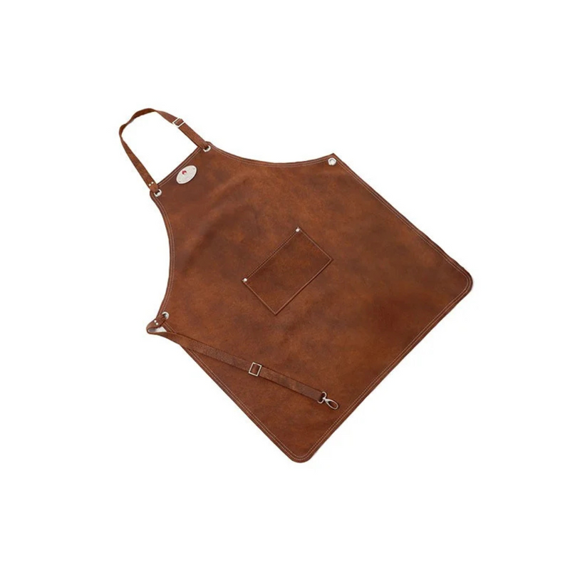 A brown leather apron with adjustable straps and a pocket on the front.