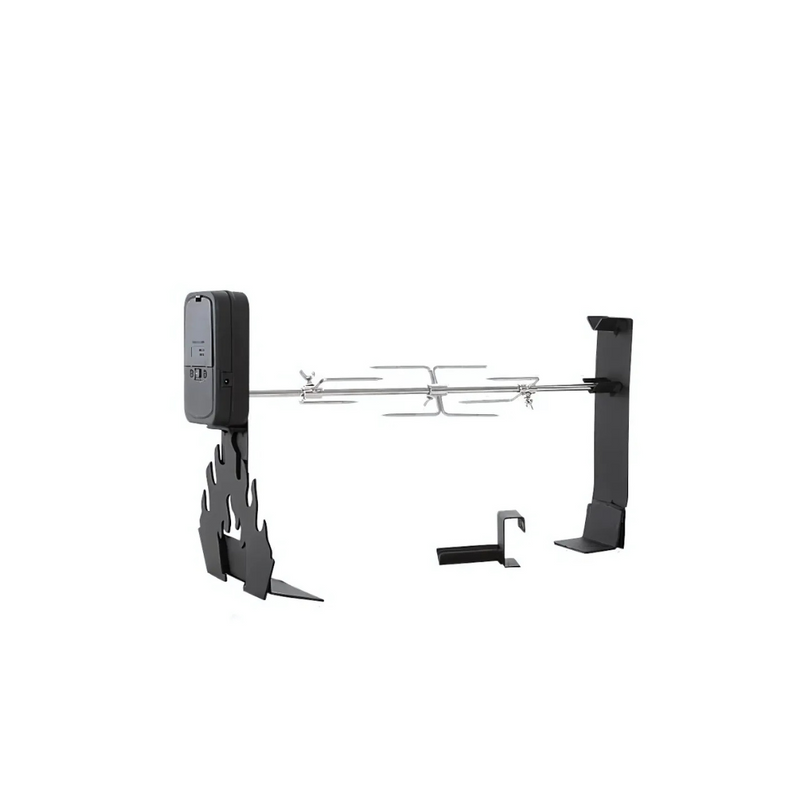 A black rotisserie with a motor and brackets, no visible branding.