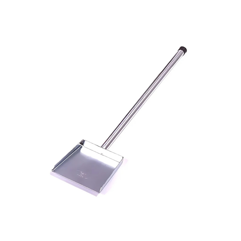 A silver-colored metal fireplace spade with a long handle and a flat blade.