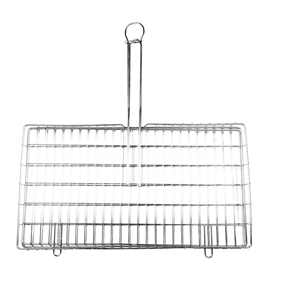 A stainless steel braai grid with a fixed handle and hinged lid, featuring a dishwasher-safe design and extra wide braai area.