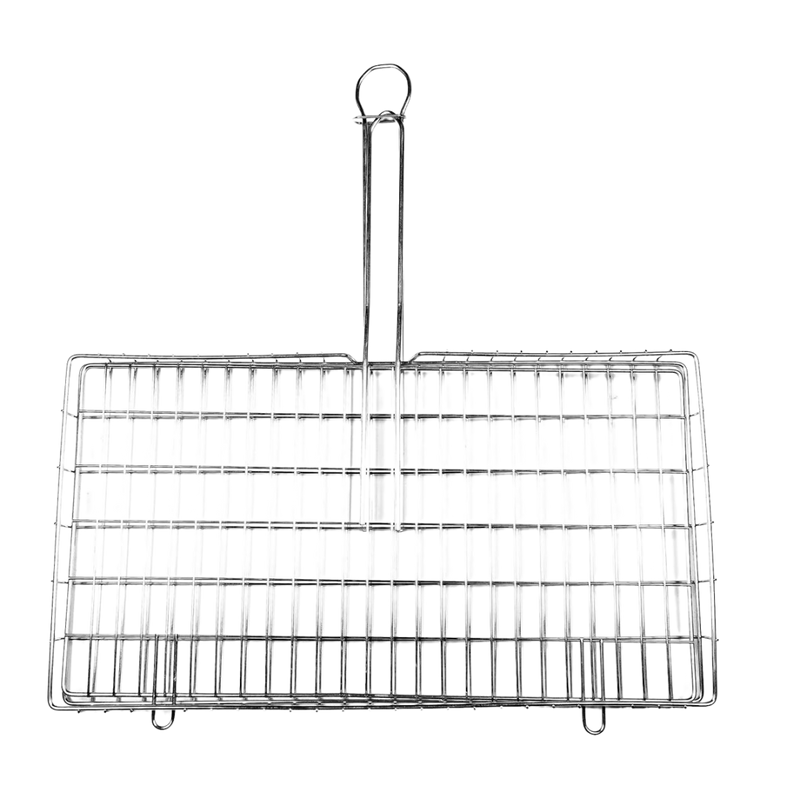 A stainless steel braai grid with a fixed handle and hinged lid, featuring a dishwasher-safe design and extra wide braai area.