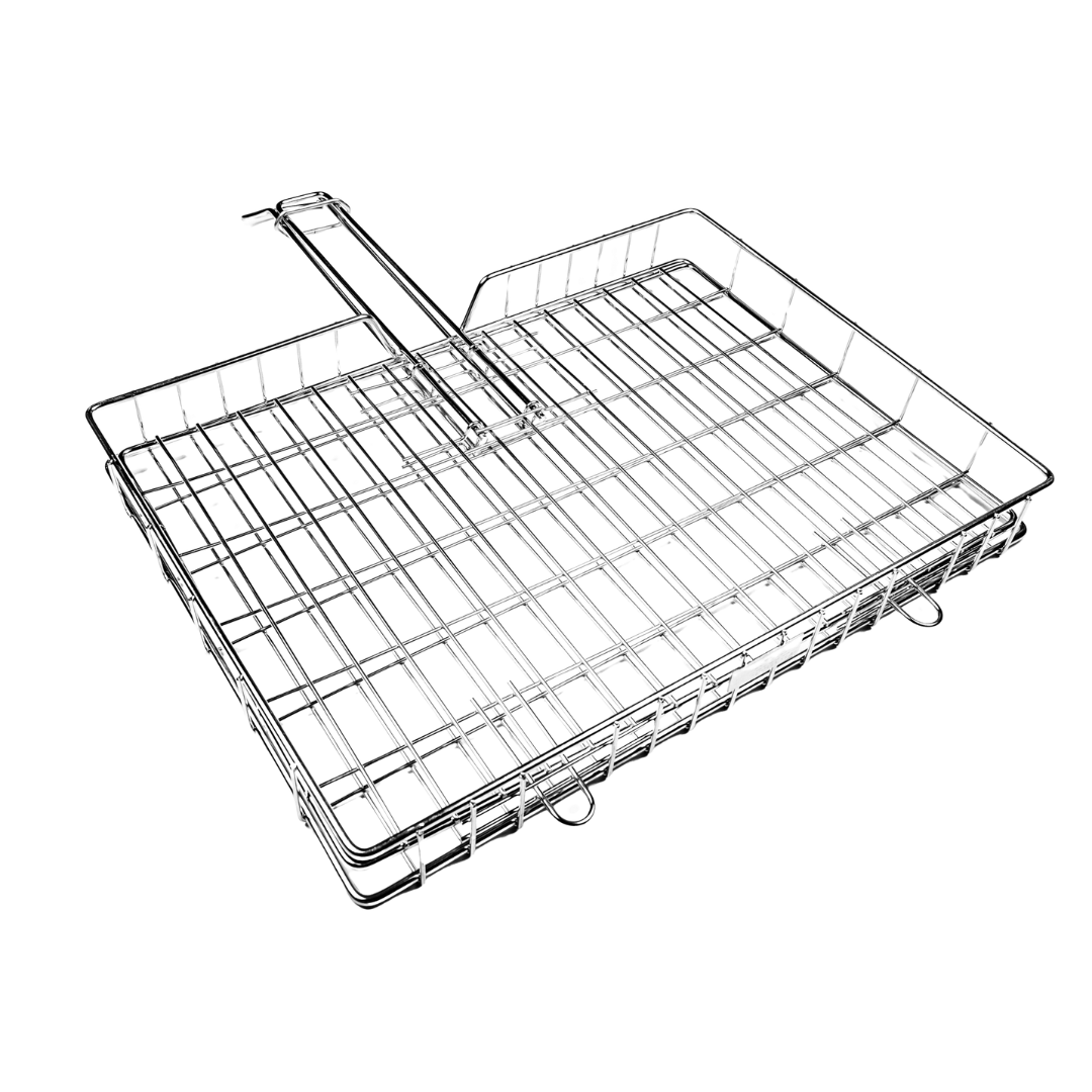 A stainless steel braai grid or roaster pan with a sliding handle and extra high sides, designed for food storage.