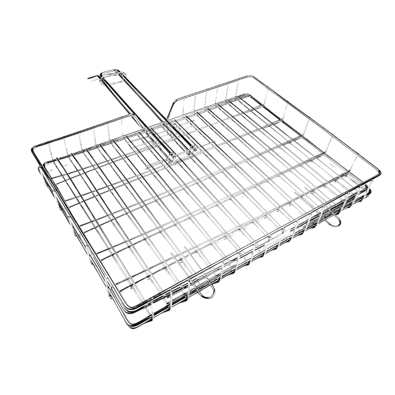 A stainless steel braai grid or roaster pan with a sliding handle and extra high sides, designed for food storage.