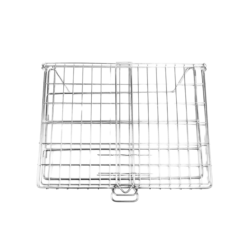 A stainless steel braai grid or roaster with a sliding handle and hinged lid, designed for hands-free use.