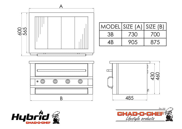 Chad O Chef hybrid braai specification drawing with sizes and clearances
