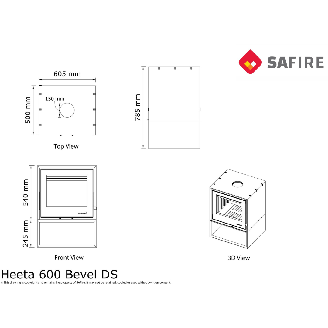 SAfire HEETA 600 D/S with LOG BASE BEVELLED WOOD FIREPLACE