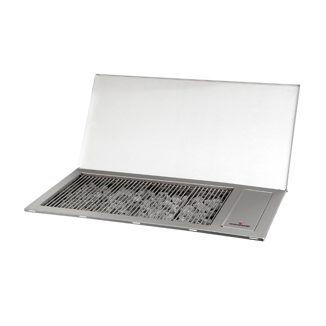 A silver-colored CHAD-O-CHEF 4 burner hob grill, open and showing the grilling surface and control knobs.