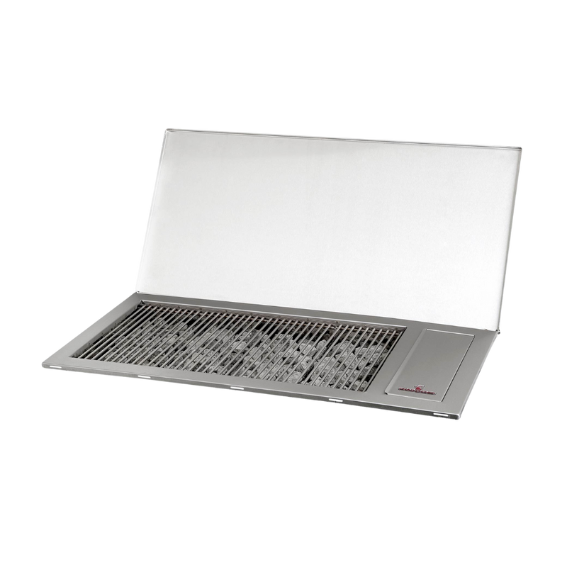 A silver-colored CHAD-O-CHEF 4 burner hob grill, open and showing the grilling surface and control knobs.