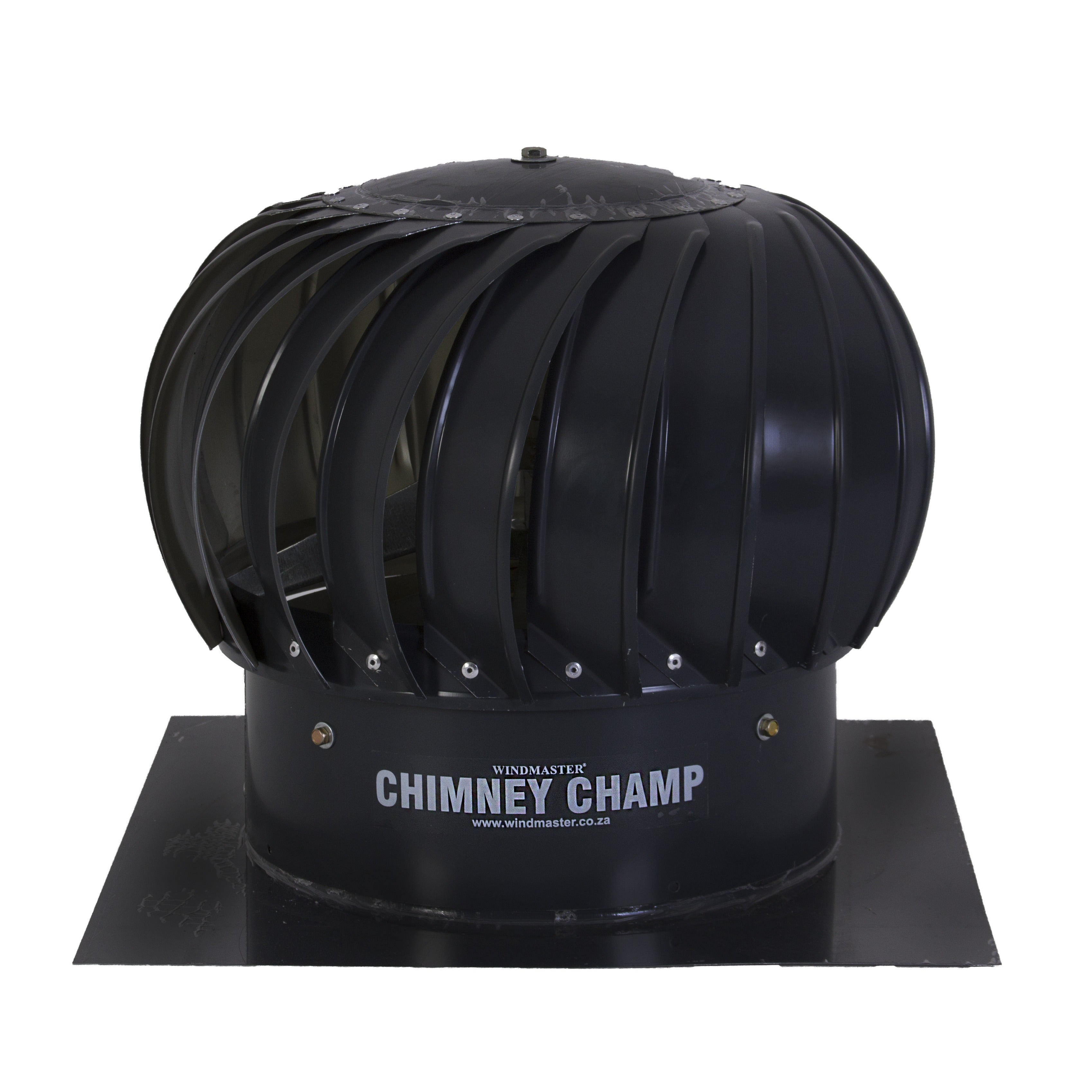 A black metal chimney ventilator, known as 'Chimney Champ', with a rotating dome design.