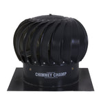 A black metal chimney ventilator, known as 'Chimney Champ', with a rotating dome design.
