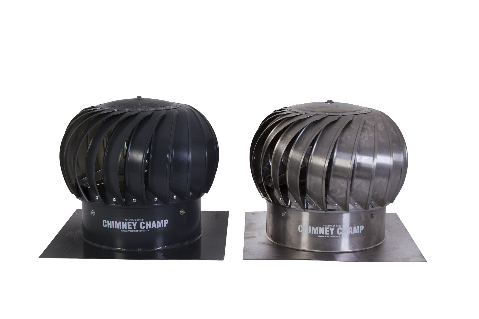 A combo of black & grey metal chimney ventilator, known as 'Chimney Champ', with a rotating dome design.