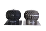 A combo of black & grey metal chimney ventilator, known as 'Chimney Champ', with a rotating dome design.
