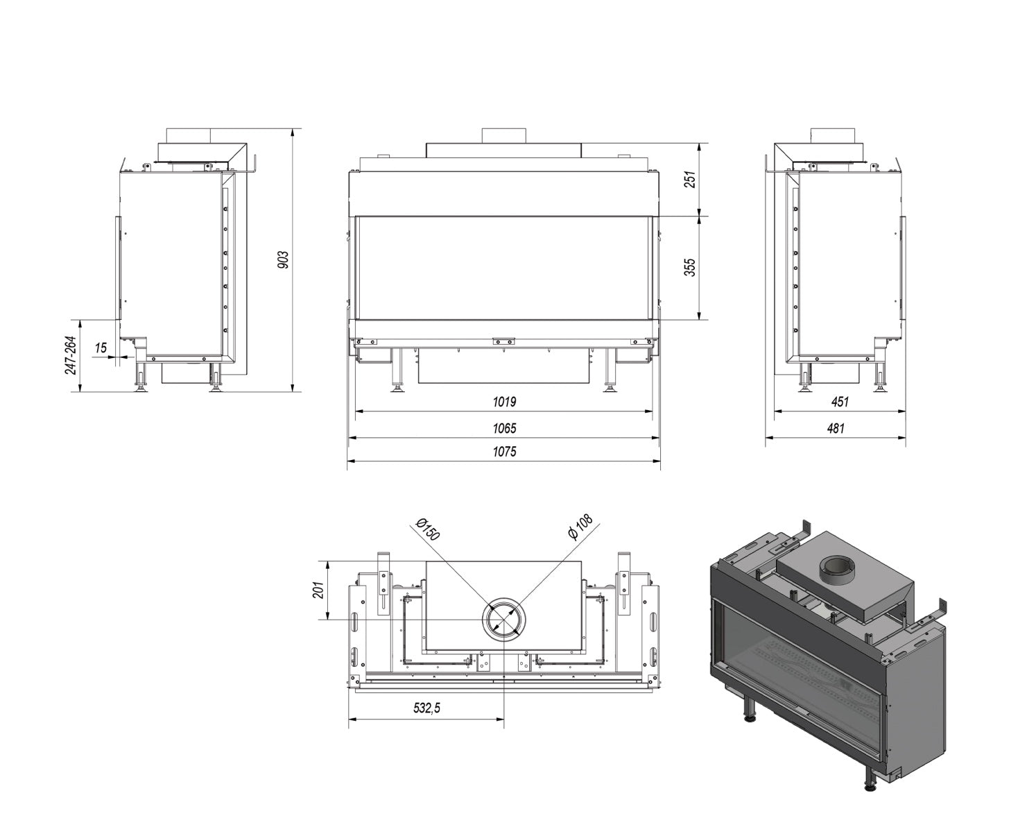 Technical drawing of a heating system with dimensions and components labeled