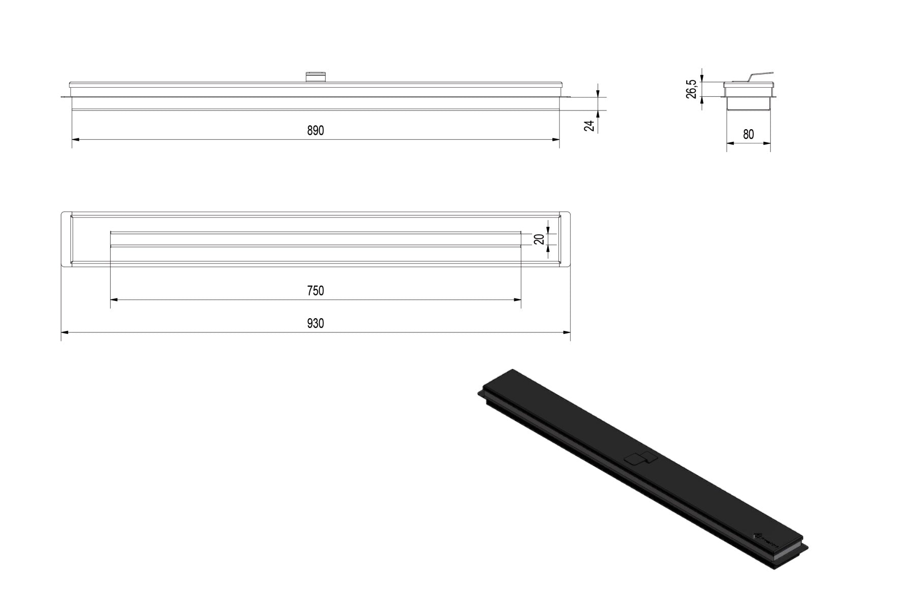 Black metal bar with dimensions on a white background