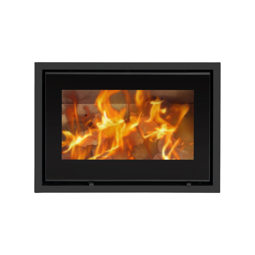 A black bordered glass fireplace insert with visible flames.