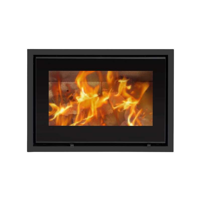 A black bordered glass fireplace insert with visible flames.