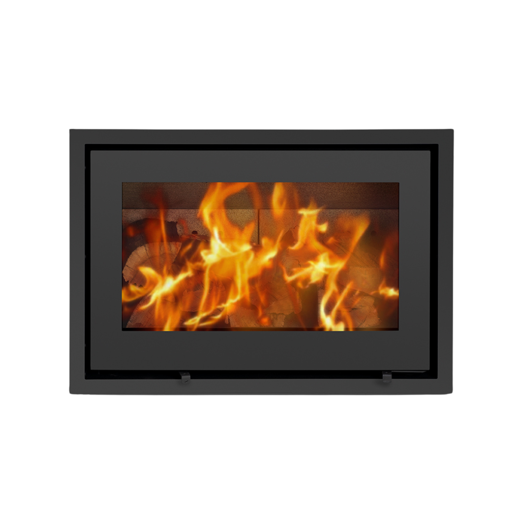 A black single-sided wood stove with a rear glass panel showing a lit fire inside.