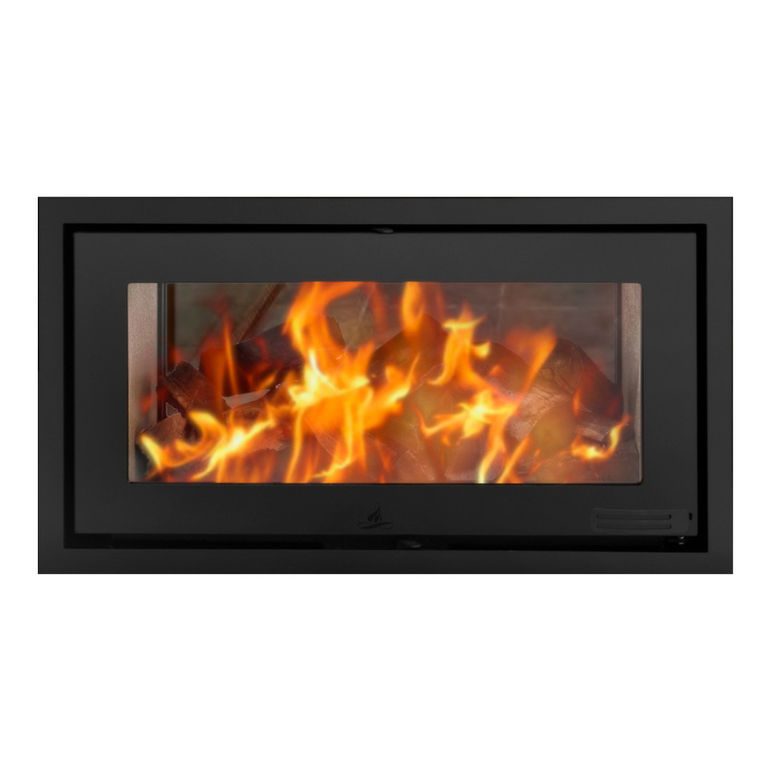 A black bordered glass fireplace insert with visible flames behind the glass.
