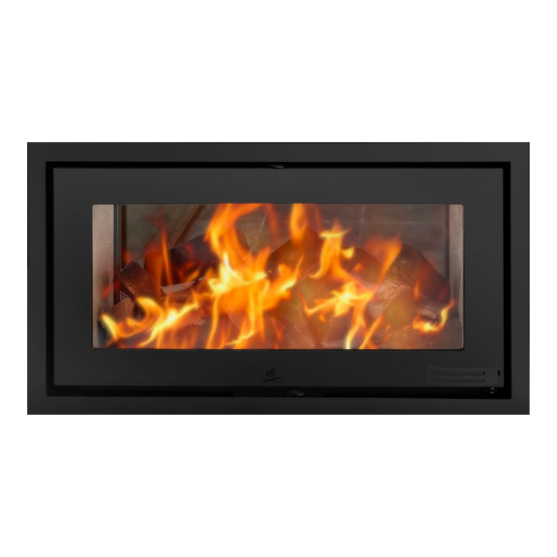 A black bordered glass fireplace insert with visible flames behind the glass.