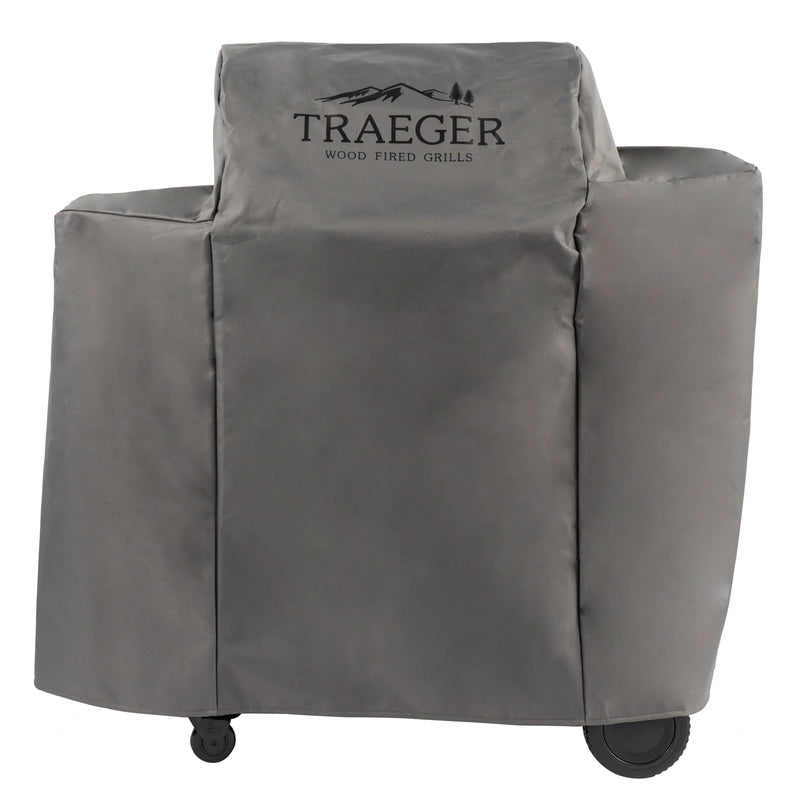 Gray grill cover with Traeger logo on a white background