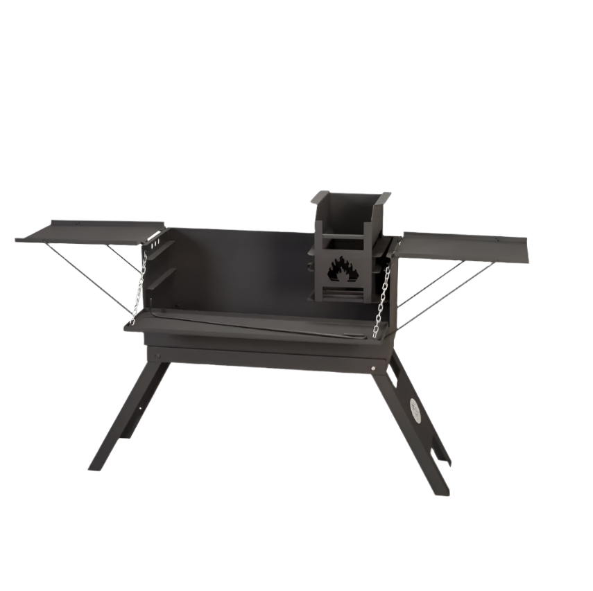Foldable braai grill with a black color scheme, featuring a metal structure with foldable surfaces and a visible brand logo on the side.