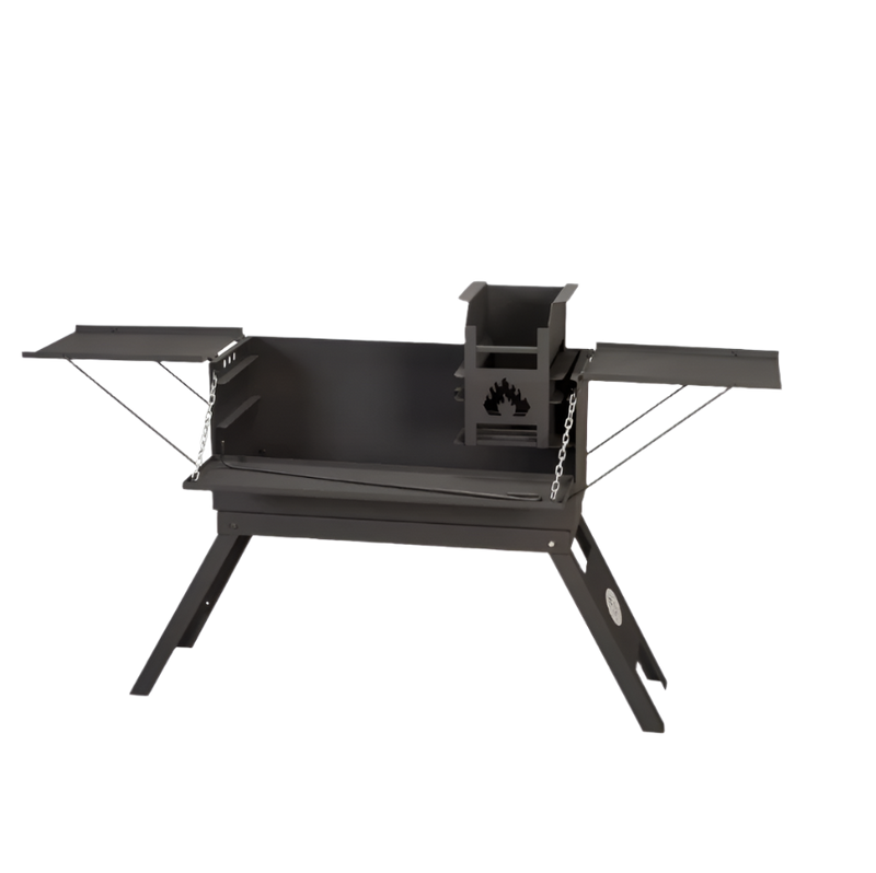 Foldable braai grill with a black color scheme, featuring a metal structure with foldable surfaces and a visible brand logo on the side.