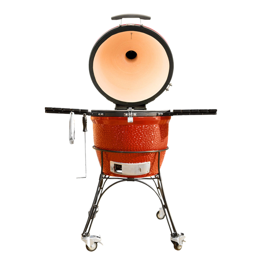 Kamado style ceramic charcoal grill with cart for smoking and searing