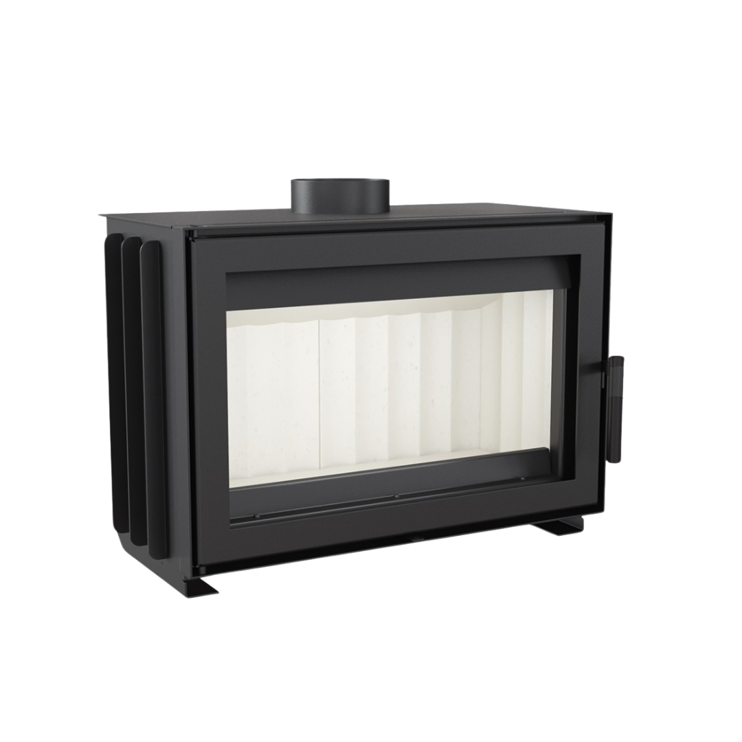 A black, freestanding fireplace with visible ceramic heating elements and a glass viewing panel.