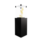 A black free-standing patio heater with visible flames at the top.