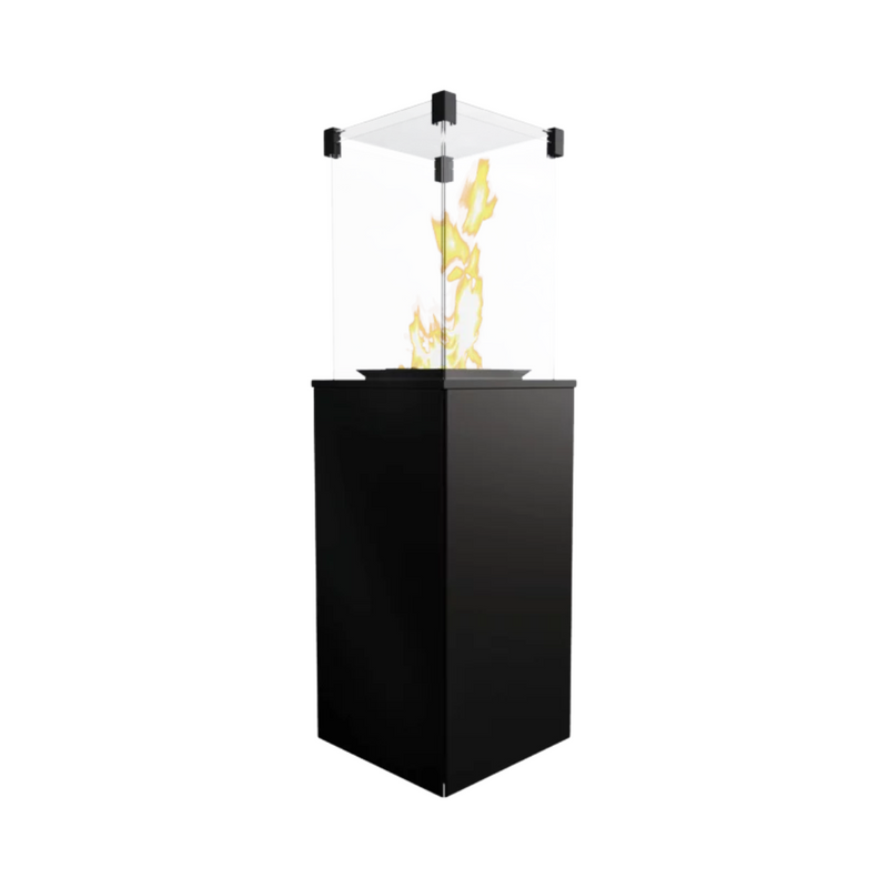 A black free-standing patio heater with visible flames at the top.