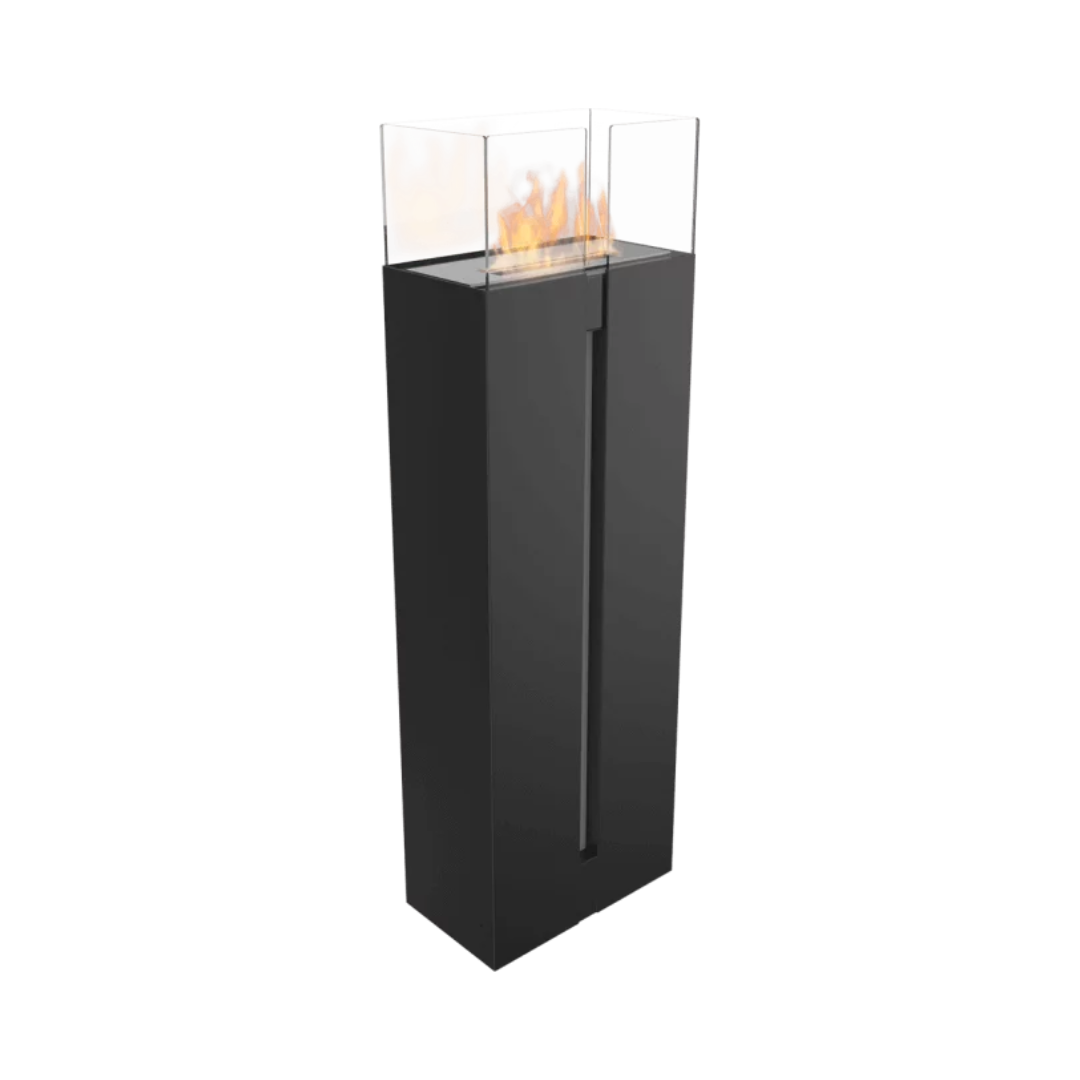 A tall black free-standing bioethanol fireplace with visible flames.