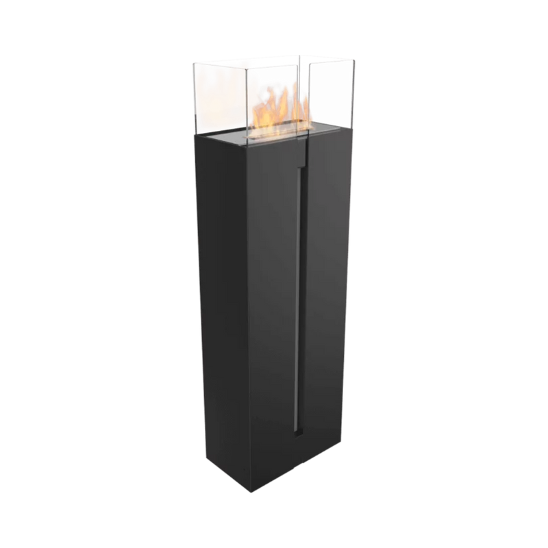 A tall black free-standing bioethanol fireplace with visible flames.