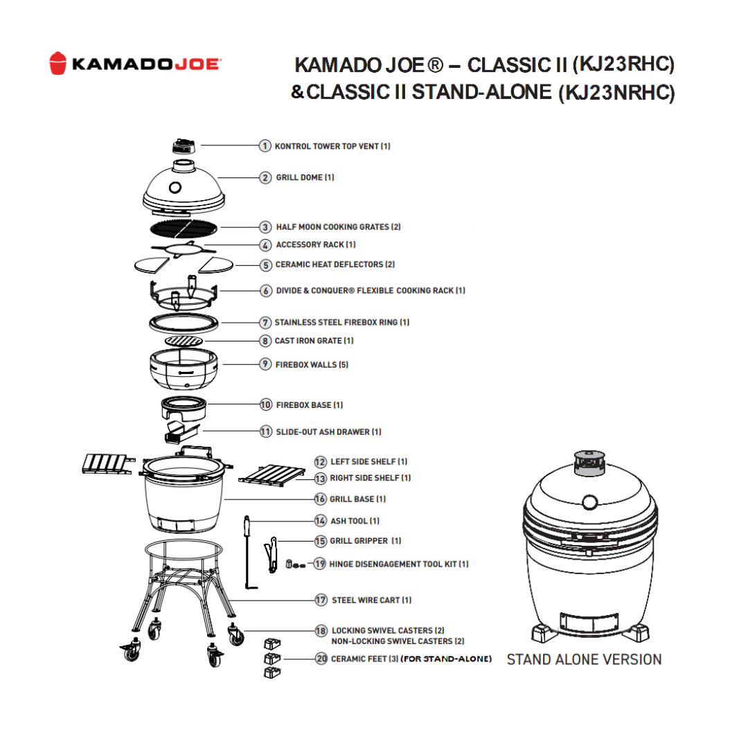 Classic II stand alone charcoal grill parts list